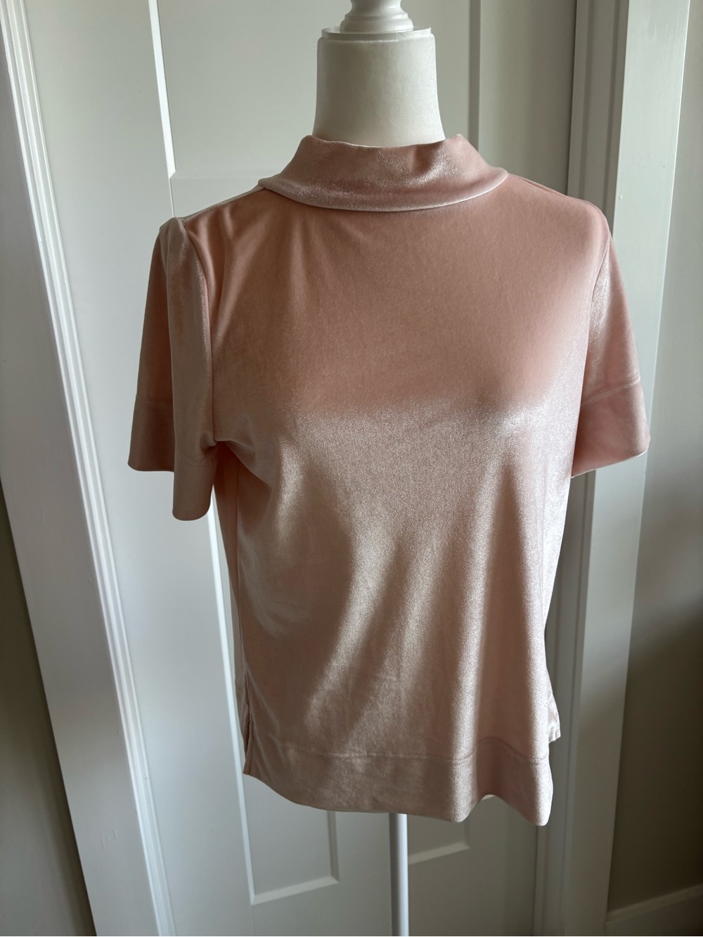 Anthropology Soft Pink Velvet Mock Neck Short Sleeve Shirt. S